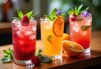 vibrant fruit infused cocktails colorful beverages stylish glassware refreshing drinks garnish mixology, lemon, orange, berry, mint, ice, thyme, juice, herb