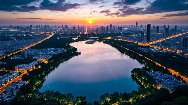 A tranquil sunset above a lively terrain featuring a glistening lake.
