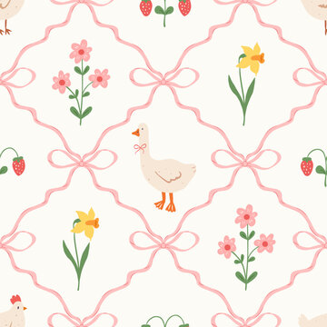 Floral trellis coquette seamless pattern with bows, flowers, goose and chicken. Preppy spring summer print. Cottagecore aesthetic. Cute background. Vector design for fabric, wrapping paper.