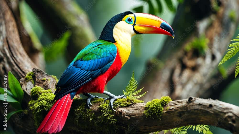 Poster a vibrant toucan sitting on a branch, displaying its unique large beak and bright feathers. the back