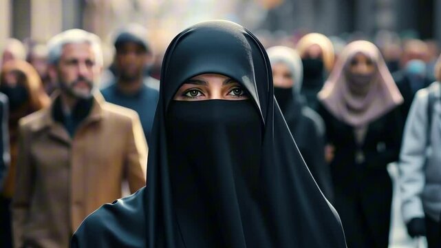 Young muslim woman wearing a niqab walking in a busy urban street among other people