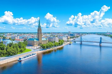 Fototapeta premium A futuristic Riga skyline, where historic buildings blend with sleek skyscrapers and floating transportation
