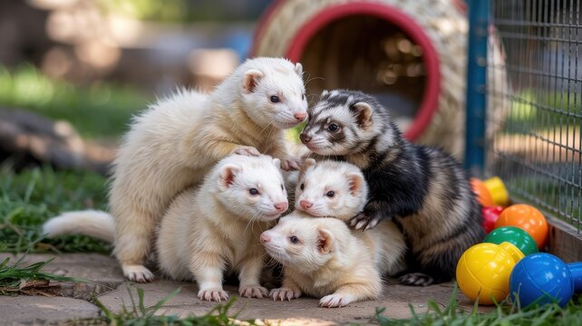 Playful Ferrets Piling Together Amidst Colorful Toys Outdoors