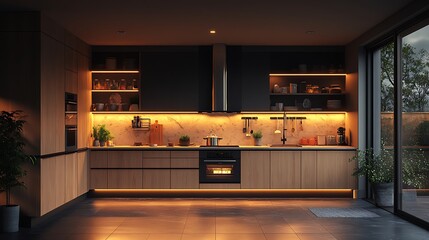 Cozy studio kitchen at night, warm-toned under-cabinet LEDs, woodgrain textures, small open-plan layout, soft reflections on marble countertops, moody ambiance.