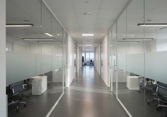 Obraz premium Modern Office Corridor with Glass Walls and Natural Lighting