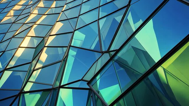 Abstract geometric glass windows reflecting sunlight on the facade of a modern building.