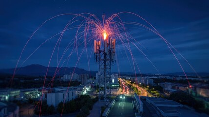 Spectacular Fireworks Display Over Telecommunications Tower at Night