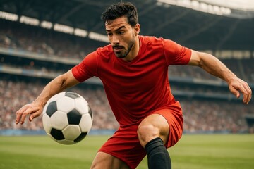 Focused soccer player in action.