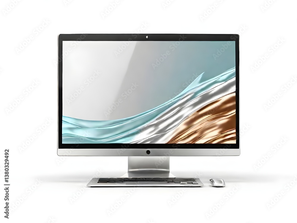 Poster elegant silver desktop computer showcasing flowing teal and bronze abstract art on its sleek screen 