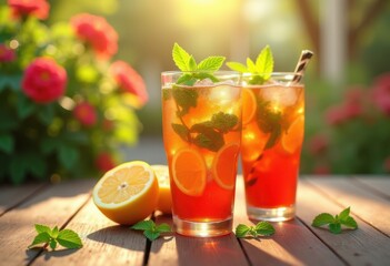 Fototapeta premium vibrant iced tea colorful glassware refreshing beverage summer drink visuals, liquid, cold, sweet, fruit, lemonade, infusion, slice, orange, pink, yellow