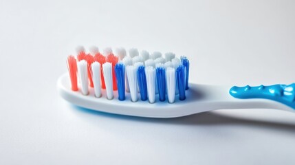 Close-up of a toothbrush head.  Colorful bristles.  Hygiene product