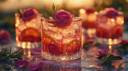 Romantic Rose and Rosemary Cocktails at Sunset