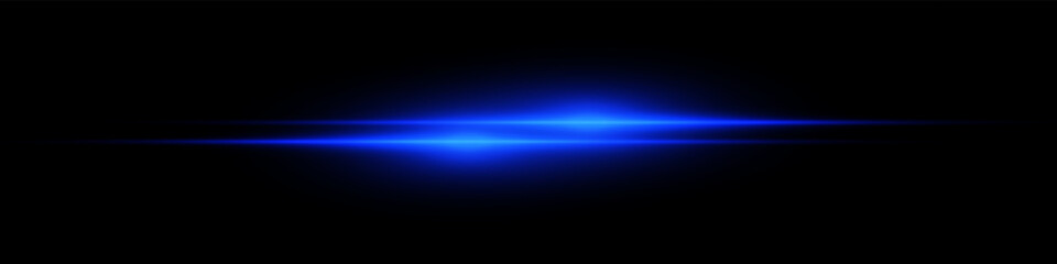 Bright horizontal beam of light on black background. Glowing laser effect creating futuristic and sci-fi aesthetics. Suitable for technology, energy, speed and digital design themes.