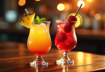 vibrant pair colorful drinks fruity garnishes refreshing pleasures elegant glasses, input, cocktail, liquid, juice, soda, shake, iced, tropical, kiwi