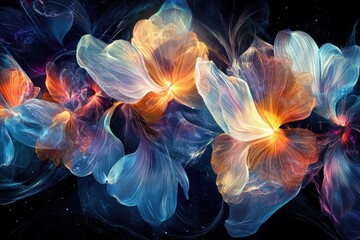 Abstract artwork depicting luminous, flowing floral forms in vibrant orange, blue, and purple hues against a dark background.