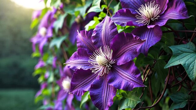 A close view of lively purple clematis flowers in full bloom, positioned against a rich green backdrop of vines and foliage. An impressive depiction of nature's beauty and vibrant hues.