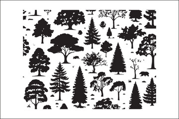 Fototapeta premium Tree Vector Silhouette – Nature and Forest Design ClipartMinimalist Tree Illustration – Black Silhouette Vector ArtBotanical Tree Silhouette – Elegant Nature Vector DesignWoodland Tree Vector – 