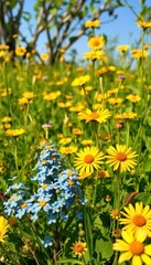 Fototapeta premium Vibrant blue forget-me-nots amidst sunny wildflowers, golden, close-up, sky