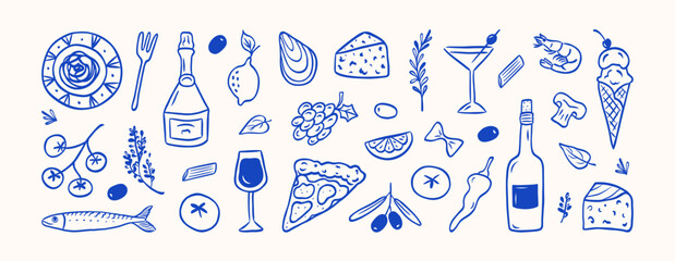 Hand drawn italian food set. Mediterranean lunch and dinner doodle icons. Pasta, olive, pizza, cheese, tomato, lemon, wine. Dolce vita aesthetics. Perfect for print, design menu, sticker.