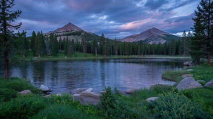 Fototapeta premium Serene Mountain Landscape Reflected in Calm Lake at Dusk