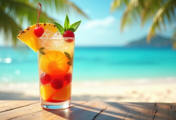 vibrant tropical cocktail glass colorful assortment fruits ice refreshing drink summertime beverage exotic, refresher, paradise, frozen, slice, umbrella