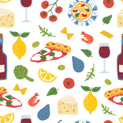 Italian food seamless pattern. Mediterranean lunch and dinner collection. Hand drawn pasta, olive, pizza, cheese, tomato, lemon, wine. Colorful trendy print design. Vector illustration.