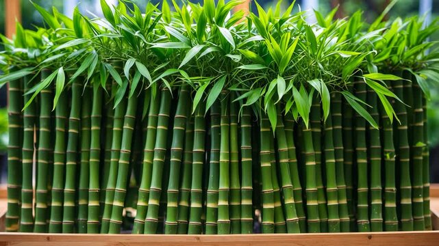 A grouping of bamboo shoots organized for indoor cultivation, representing eco-friendly living and sustainable home decoration.