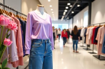 Naklejka premium Mannequin in lilac jumper and jeans in women's clothing store, spring collection, soft colors