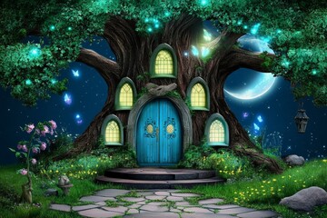Obraz premium A giant tree with doors and windows, glowing softly from within, home to an ancient magical being