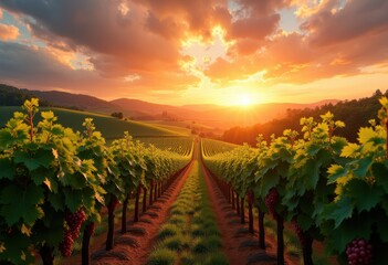 Fototapeta premium vibrant vineyard rows sunset glow colorful landscape bunches grapes lush foliage golden sky dramatic clouds, nature, vista, panel, prsnymra, tawny, orange