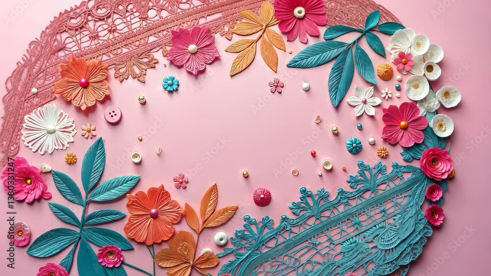 Poster a pink, orange, and blue piece of fabric with buttons and flowers on it. the buttons are in differen