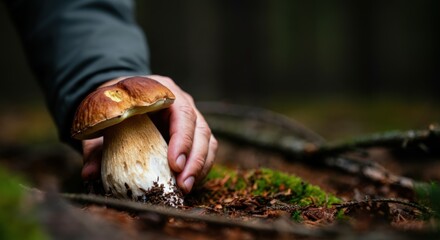 Fototapeta na wymiar Hand harvesting porcini mushroom in forest with moss and twigs