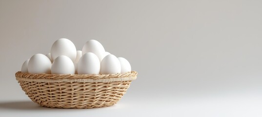Woven wicker basket holding pristine white eggs on clean white background