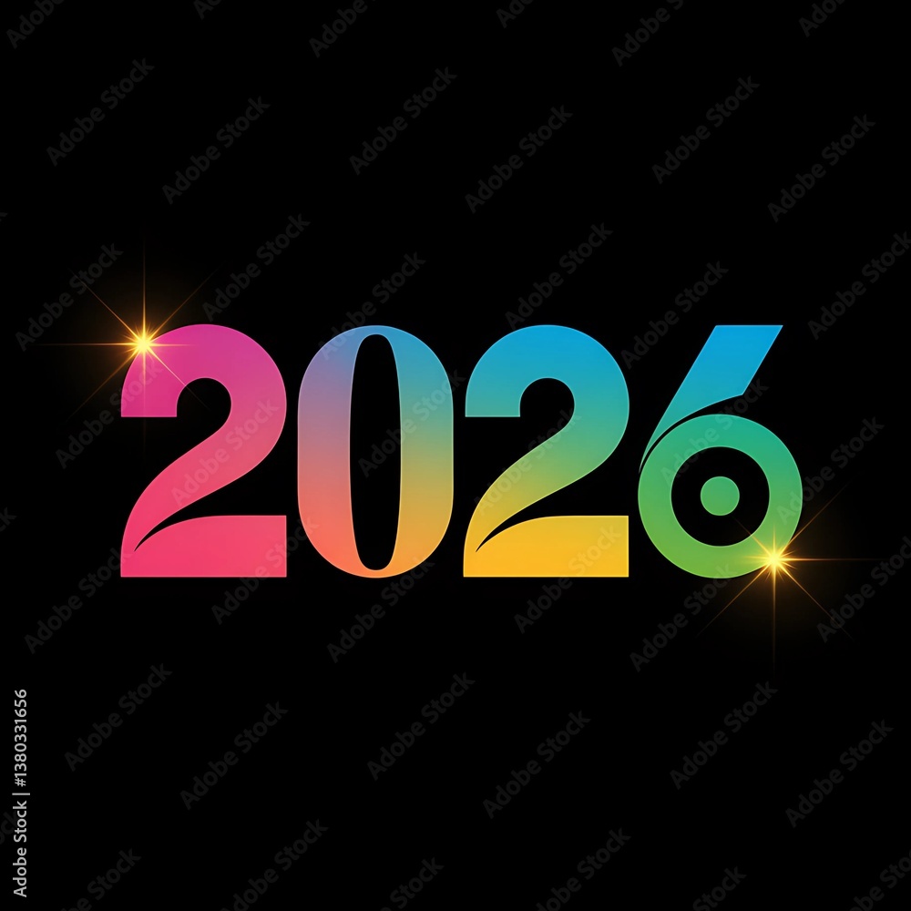 Poster modern colorful 2026 new year number design with gradient text style glowing sparkles on black backg