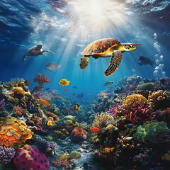 Obraz premium Serenity Below: Vibrant Coral Reefs and Marine Life in the Enchanting Underwater World