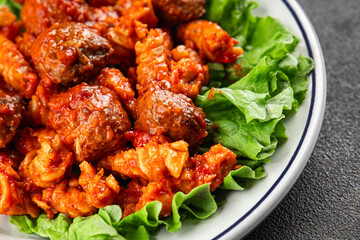Meatballs pasta tomato sauce tasty food dish gourmet food background on the table rustic food top view copy space