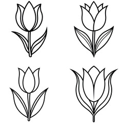 Set of black and white flower and leaf vector icons
