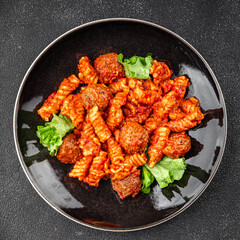 Meatballs pasta tomato sauce tasty food dish gourmet food background on the table rustic food top view copy space