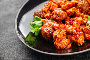 Meatballs pasta tomato sauce tasty food dish gourmet food background on the table rustic food top view copy space