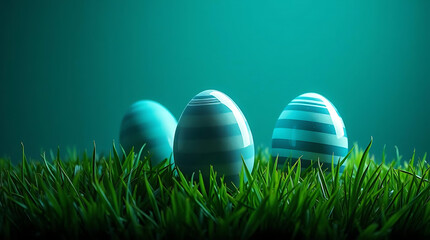Fototapeta premium A collection of 3 painted easter eggs celebrating a Happy Easter with green grass and blurred green grass foreground and isolated against a transparent background template