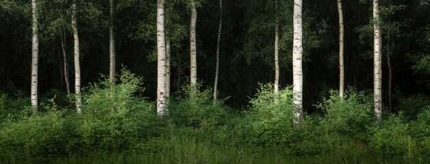 Obraz premium Vibrant aspen forest with lush green grass under a bright sky and majestic mountains in the background