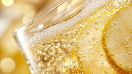 Close-up of Sparkling Pear Cider in a Glass with Bokeh Background