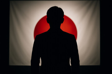 日の丸を背に日本人男性が立つ