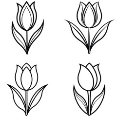 Set of black and white flower and leaf vector icons