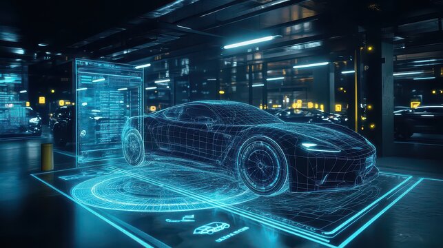 Futuristic smart parking system in virtual reality with holographic car guidance and digital overlays.