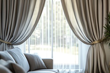 Living Room Interior with Gray Couch, Curtains, Sheer Window and Natural Light