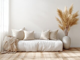 Scandinavian interior design with white sofa neutral cushions wooden floor pampas grass vase and natural lighting