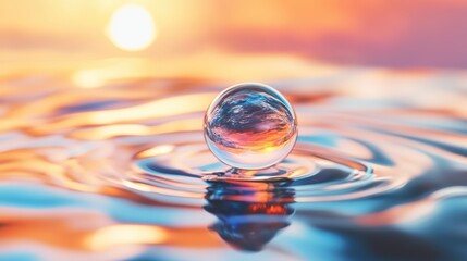 Droplet rippling on water surface serene sunset nature