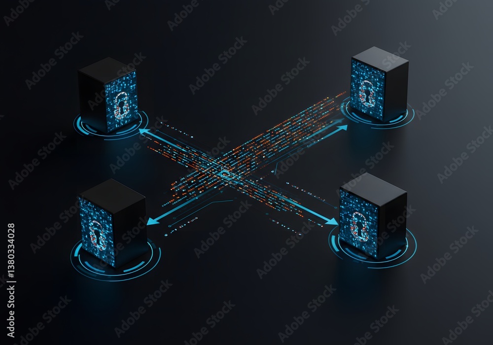 Poster secure data transfer concept blockchain technology, encryption, data security, server connection, di