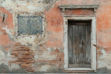 Weathered wooden door on rustic wall with exposed bricks. Neural network AI generated